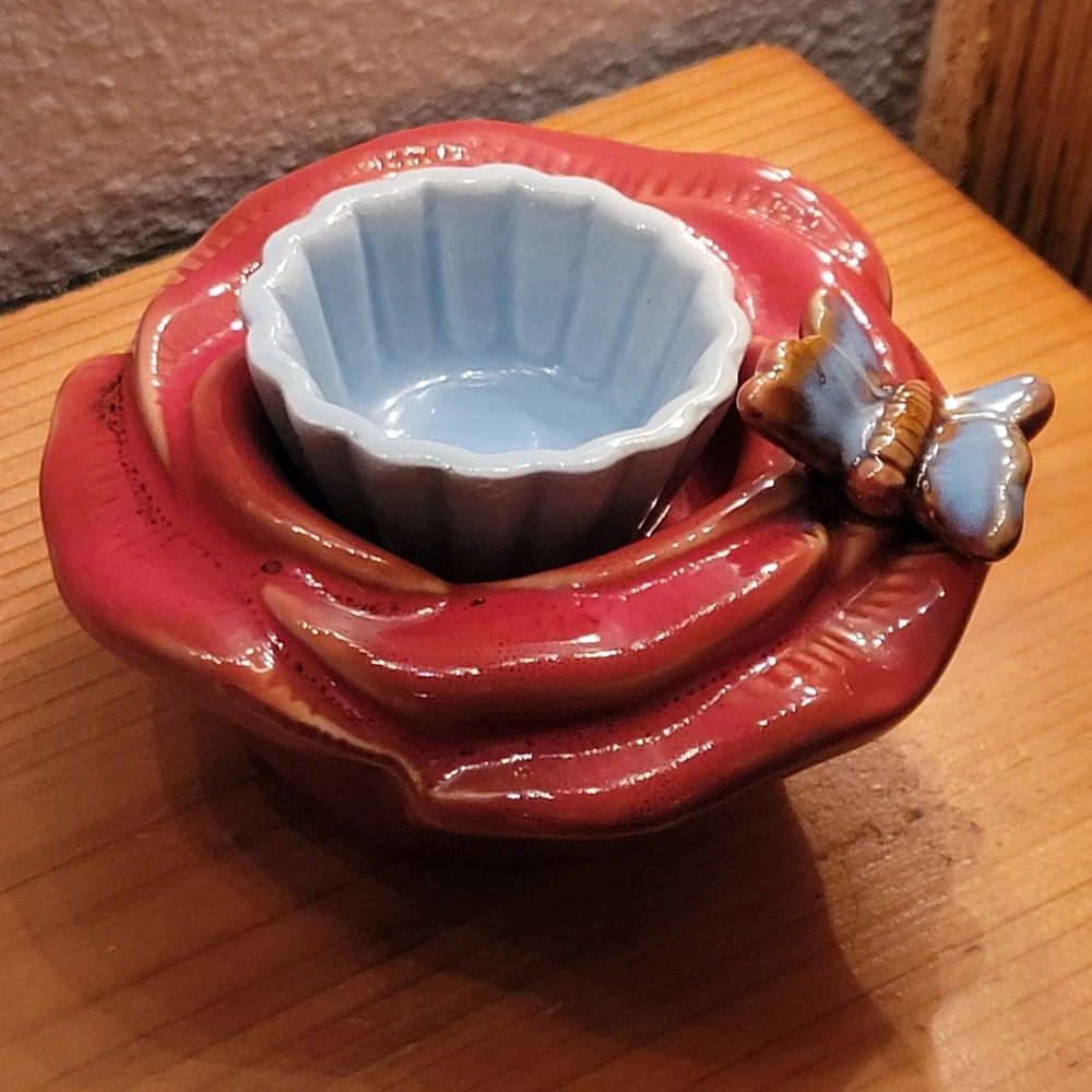 Vtg Ceramic Butterfly Flower Votive Candle Holder Removable Inner Ceramic Liner